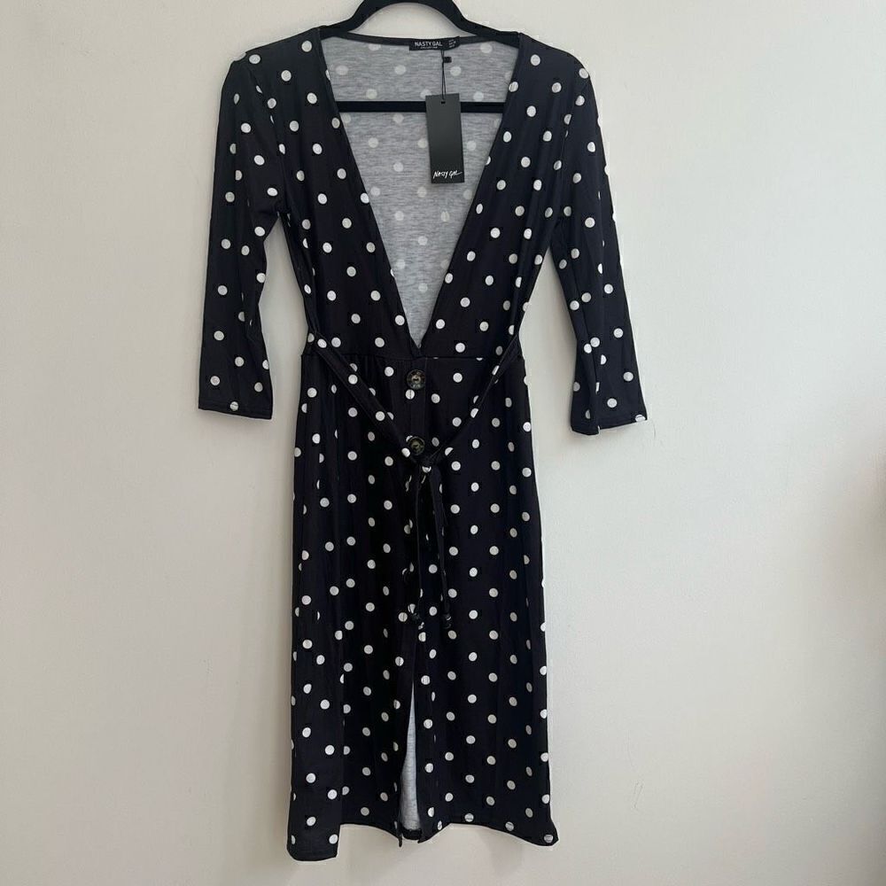 Nasty Gal Women's Polka Dots Plunging Button-Down Slit Dress Black/ White 4 NWT